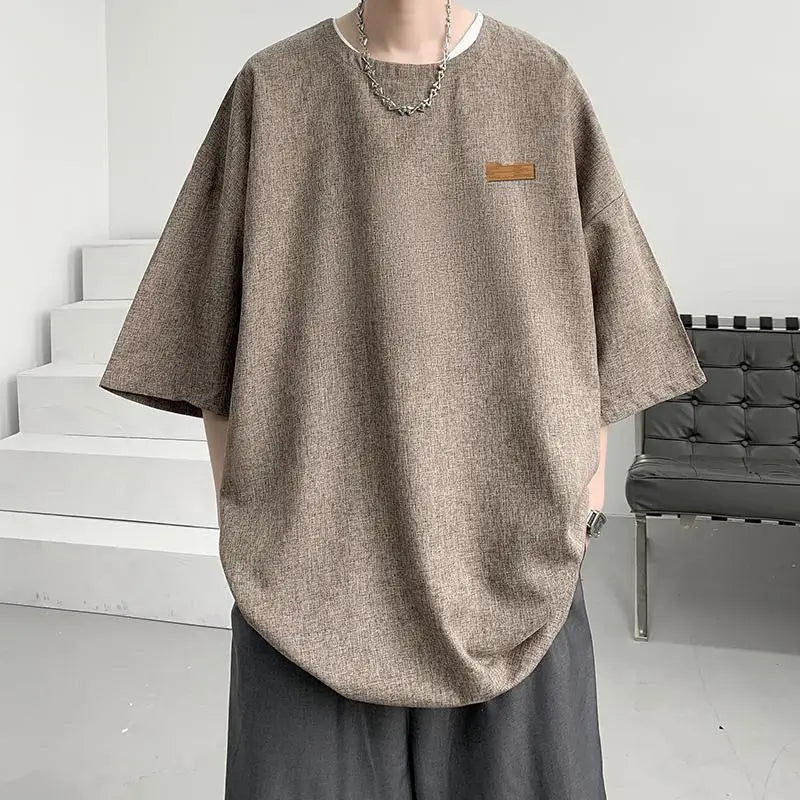 sanyamk - Men's Clothing Short Sleeve Round Neck Loose Straight Pullovers Solid Printing Handsome Simple Casual Streetwear T-Shirts