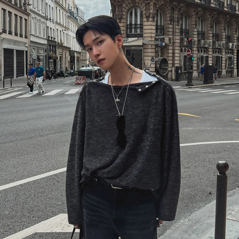 sanyamk - Niche Design Men's T-shirts Round Collar Casual Metal Button Tees Long Sleeve Loose Solid Color Male Top New Fashion 9C7904