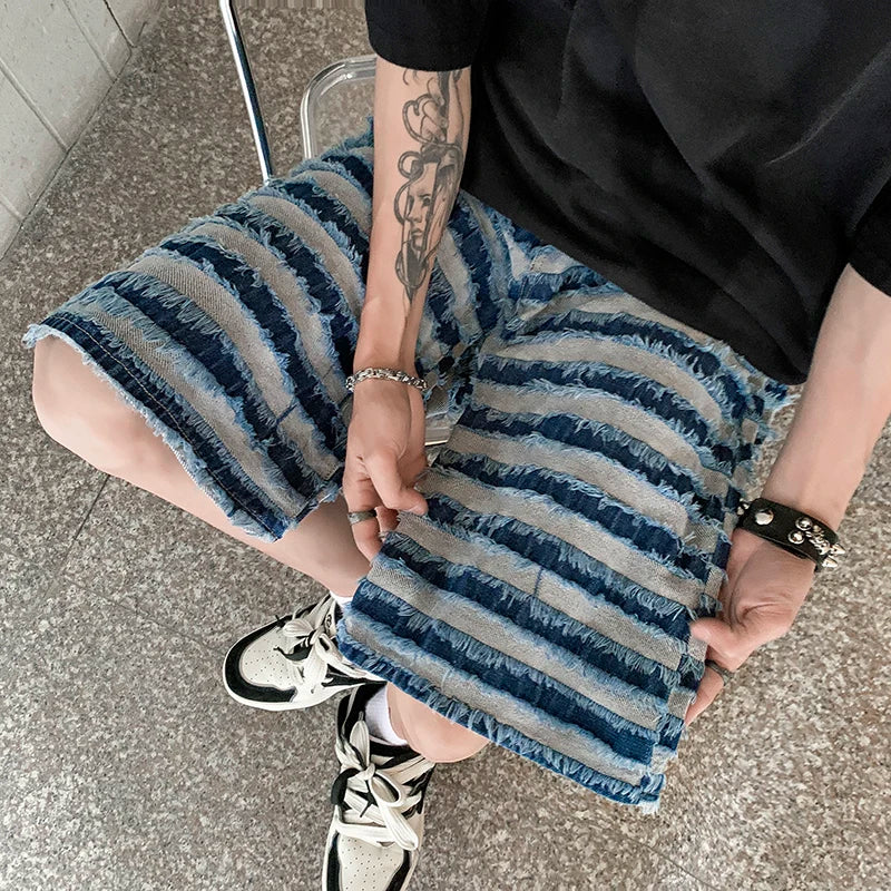 Bonsir New Men's Casual Shorts Rough Edge Contrast Striped Vintage Washed Shorts Streetwear Clothing Man