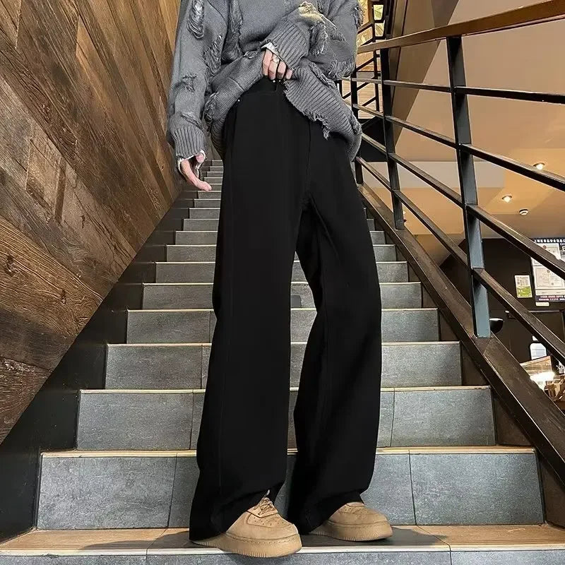 sanyamk Autumn New Men's Jeans Loose-fit Straight-leg Pants Hong Kong Style Casual Fashion Solid Color Bell Bottoms For Men Women