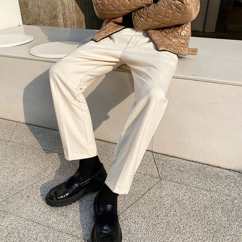 Bonsir - Autumn Elastic Waist Causal Pants For Men Korean Trend Solid Color Dark Pattern Slim Fit Trousers Black Apricot 2Y2313