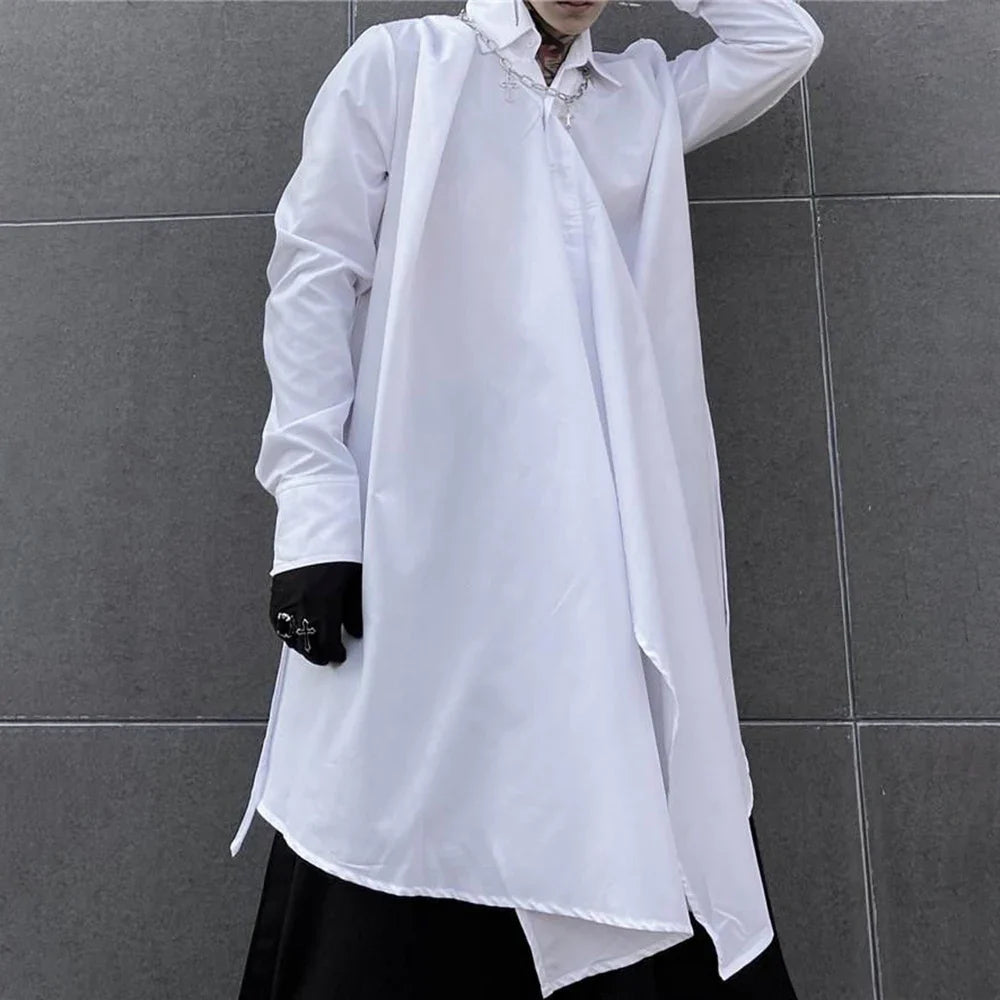 sanyamk Dark Abstinence Long Shirt Men's Simple Personality Strap Shirt Trendy Punk Solid Color Irregular High Street Cardigan Jacket