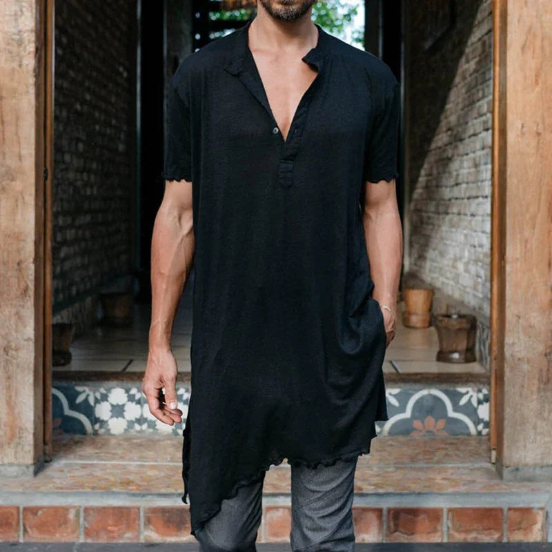 sanyamk - Vintage Irregular Ripped Design Mens Long T Shirt Summer Casual Button O Neck Short Sleeve Tops Streetwear Men Fashion T-shirts
