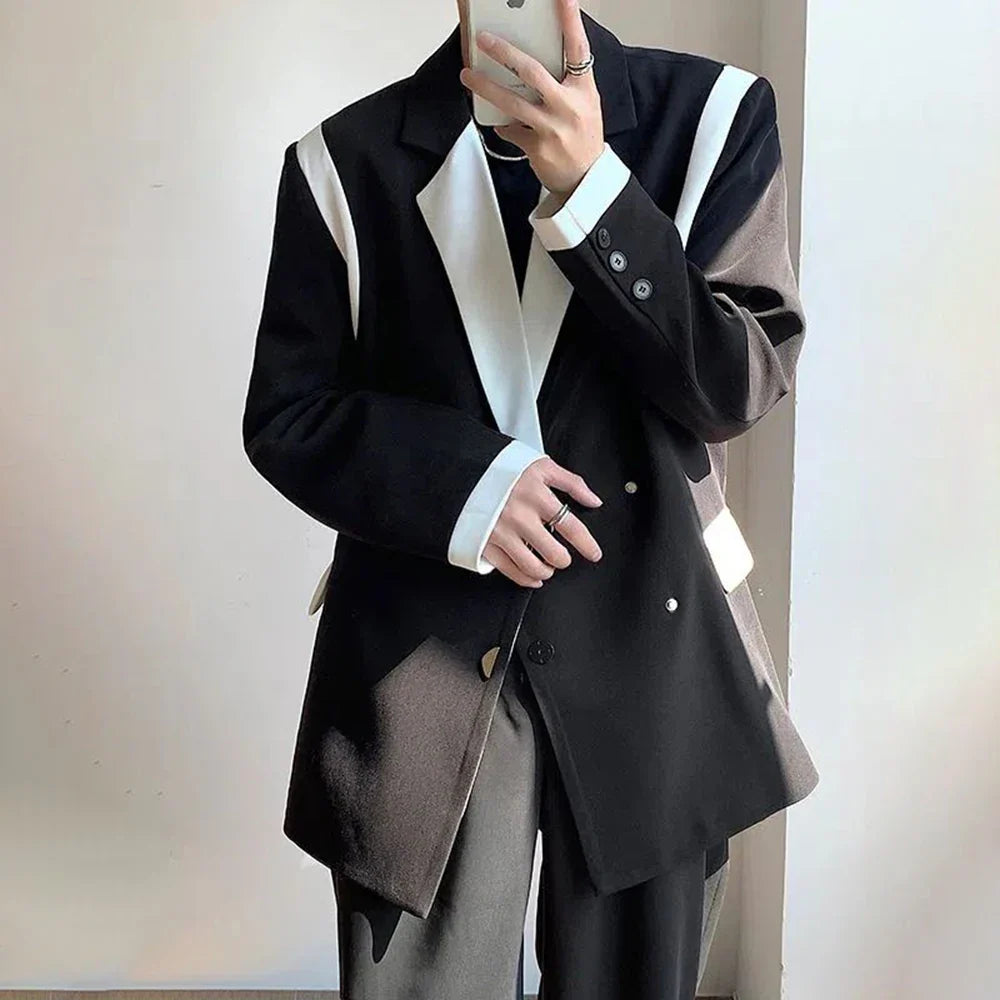 sanyamk Men Blazer Patchwork Lapel Long Sleeve Streewear Button Loose Csual Suits Korean 2024 Fashion Men Thin Coats M-2XL