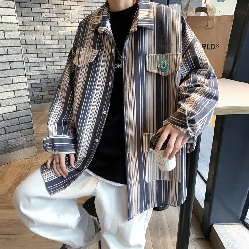 sanyamk - Streetwear Young Style Loose Korean Fashion Shirts Casual Striped Handsome Button Pockets Man Spring Summer Men's Clothing