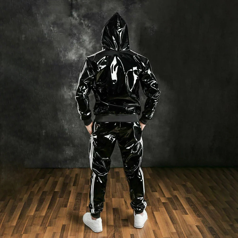 sanyamk Men's Hooded Fashion Pu Bright Leather Sports Suit Autumn New Striped Patent Leather Hooded Jacket Straight-Leg Pants Suits