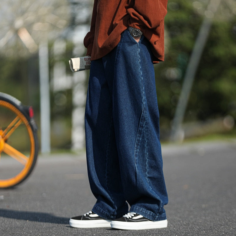 sanyamk Blue/Black Baggy Jeans Men Fashion Casual Oversized Wide Leg Jeans Men Streetwear Hip Hop Straight Denim Pants Mens Trousers