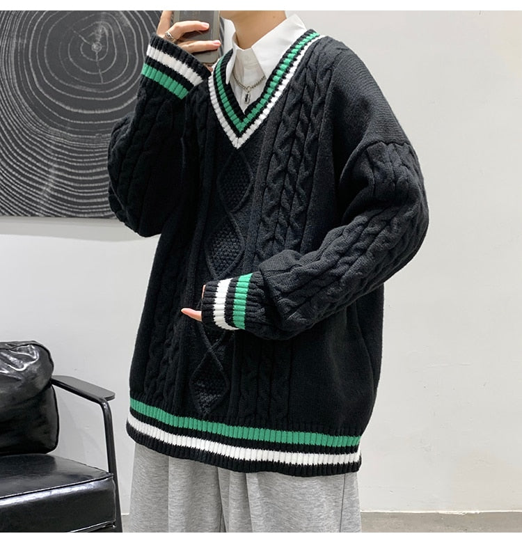 Bonsir Winter V-neck Sweater Men New Patchwork Color Knitted Sweater Pullover Harajuku Couple Streetwear Loose Knitwear Oversized 2XL