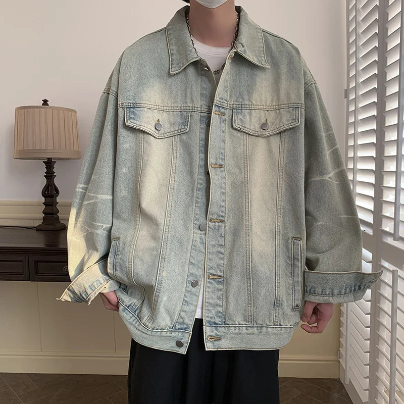 sanyamk American Style Gradient Denim Jacket Autumn High Street Causal Loose Ruffian Handsome Top Jackets Men Overcoat Male Clothes