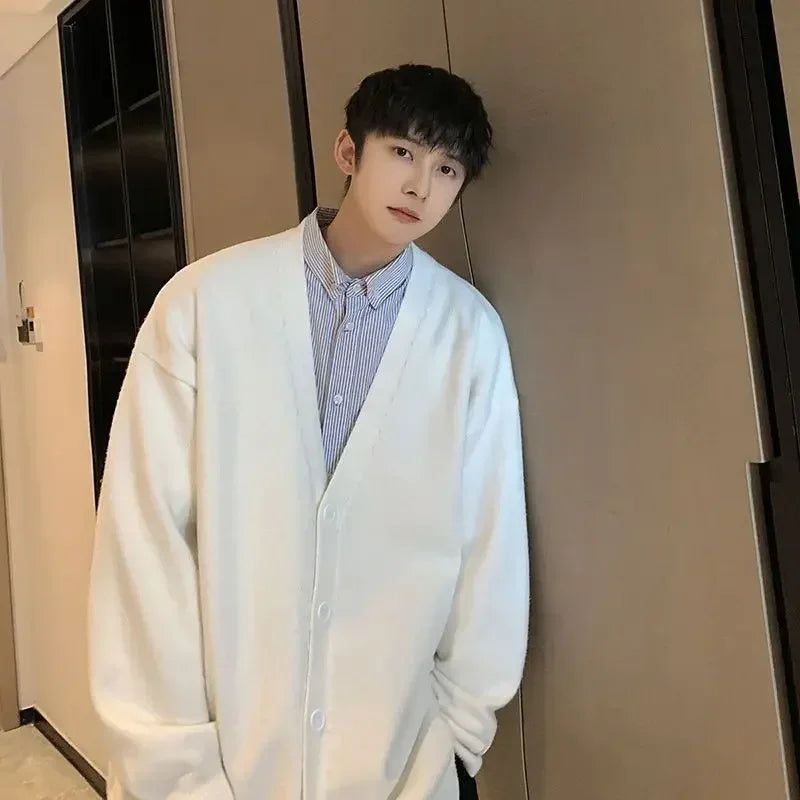 sanyamk Knit Sweater Male Coat Cardigan Men's Clothing White V Neck Plain Solid Color Jacket Korean Style Casual New in Maletry Classic