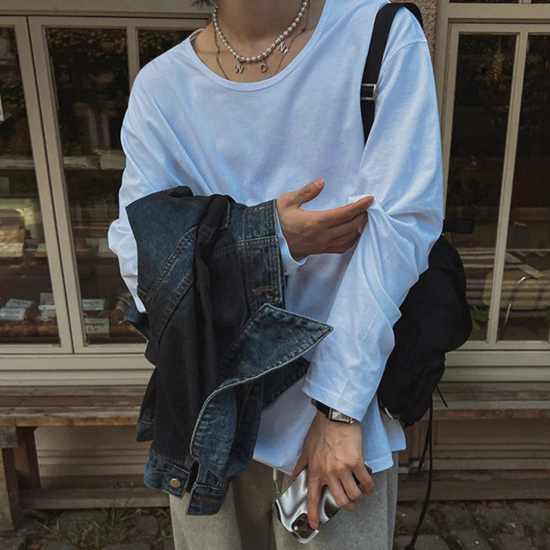 sanyamk - Men's T-shirts Korean Style Casual Large Neckline Round Collar Solid Color Long Sleeve Loose Male Tees New Simple 9C7619