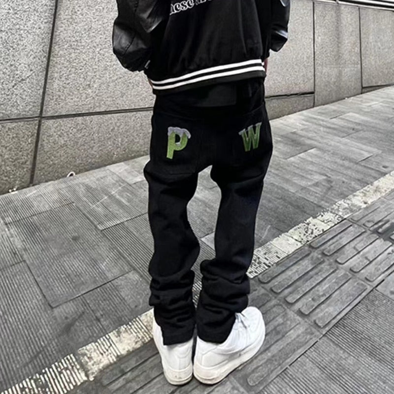 sanyamk Dog Print Straight Loose Jeans Mens Retro High Street Oversize Casual Denim Trousers Harajuku Washed Hip Hop Jean Pants