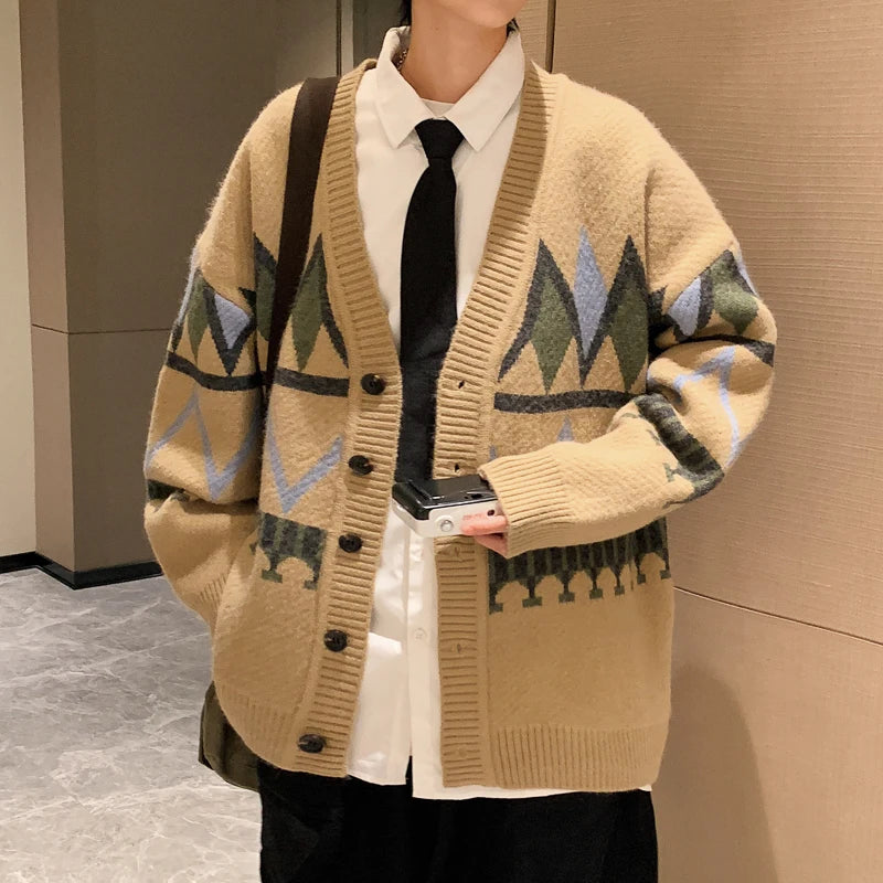 Bonsir Cardigans Men Classic Advanced Youthful Japanese Style V-neck Panelled Spring Autumn Slouchy Knitwear Popular