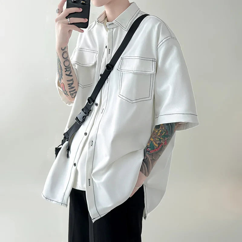 sanyamk - Summer Short Sleeve Shirt Men Fashion Retro Pocket Shirt Men Streetwear Korean Loose Casual Shirts Mens Oversized Shirt M-2XL