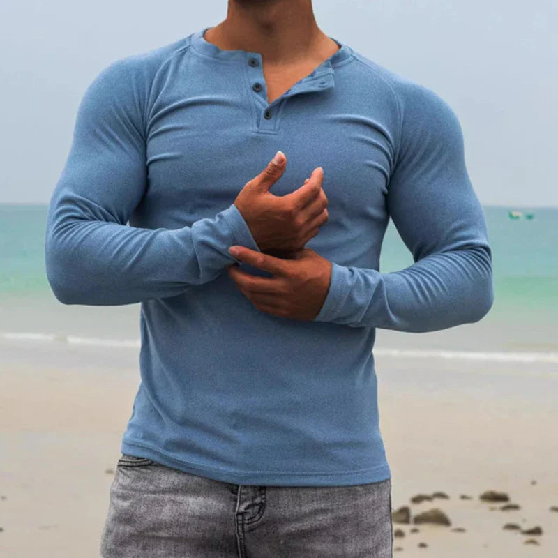 BONSIR - Male Fashion Crew Neck Buttoned Top Spring Autumn Long Sleeve Basic Pullover Men Clothing Simple Solid Color Skinny t Shirts