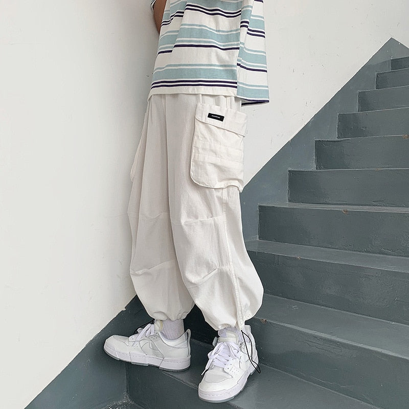 Bonsir Baggy Cargo Oversize Pants Men Casual Trouers Male Techwear Hip Hop White Jogger Loose Streetwear Japanese Pocket