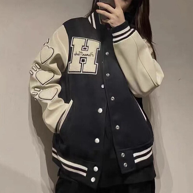 Bonsir Flocking Letter Embroidery Patchwork Human Made Wool Coat for Male and Female Retro Leather Sleeve Oversized Autumn Jackets