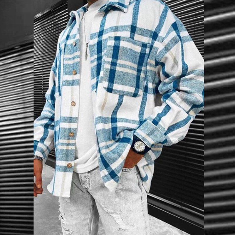 Bonsir Casual Long Sleeve Mens Jackets Button-up Turn-down Collar Cardigans Tops Autumn Men Fashion Plaid Printed Coats Outerwear