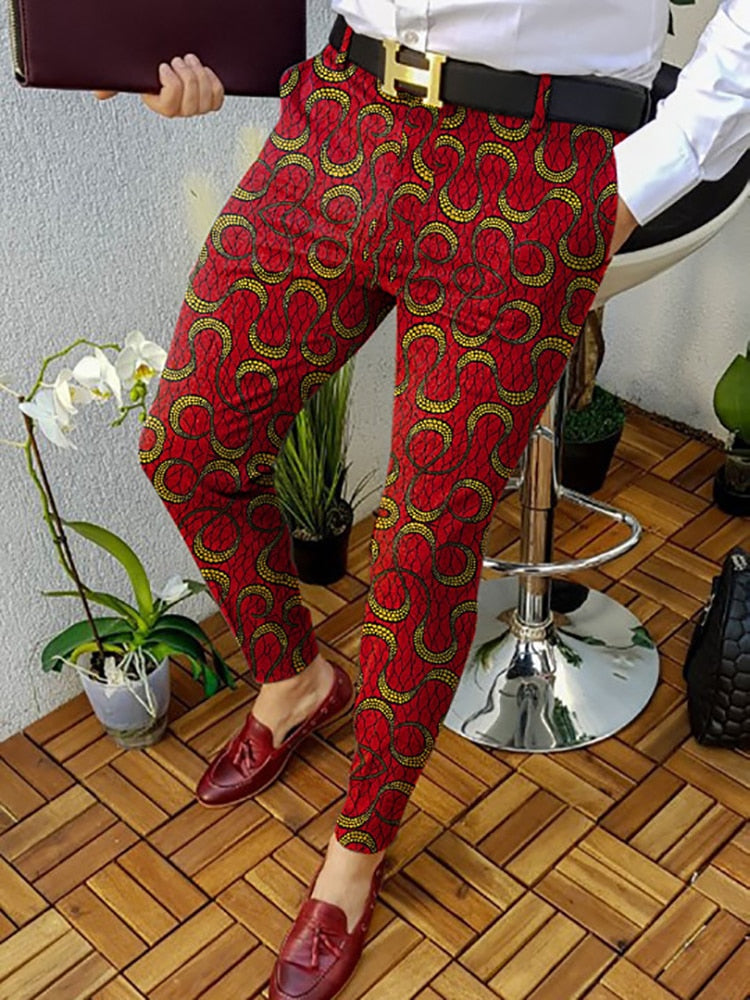 Bonsir Spring Mens Casual Mid Waist Pencil Pants Vintage Pattern Printing Slim Fit Trousers For Men Fashion Slim Pants Streetwear