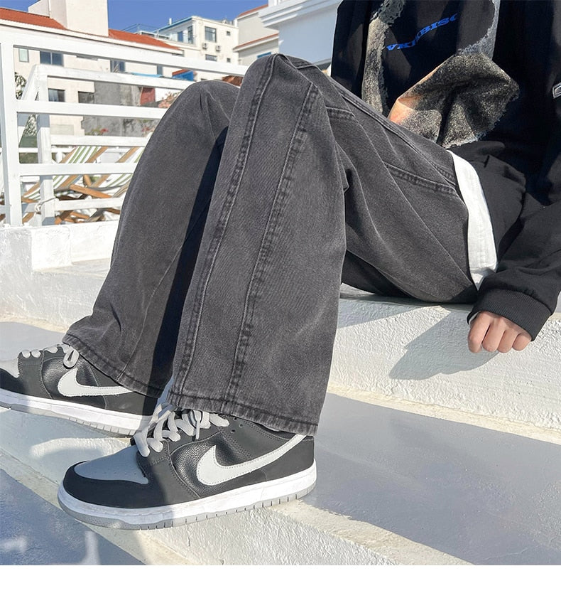 sanyamk Spring Summer New Casual Jeans Men Fashion Straight Loose Jean Pants Neutral Streetwear Solid All-match Wide-leg Trousers