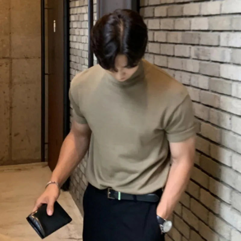 sanyamk - Business Casual Men's T-shirts Knitting Mock Neck Short Sleeve Loose Male Tops Solid Color Minimalist New Summer 9C6418