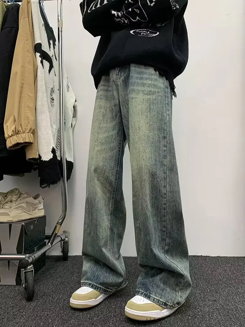 sanyamk American Style Gradient Jeans For Men Loose Fit Straight Leg High Street Trendy Brand Autumn Ins Fashion Long Pants Wide Leg