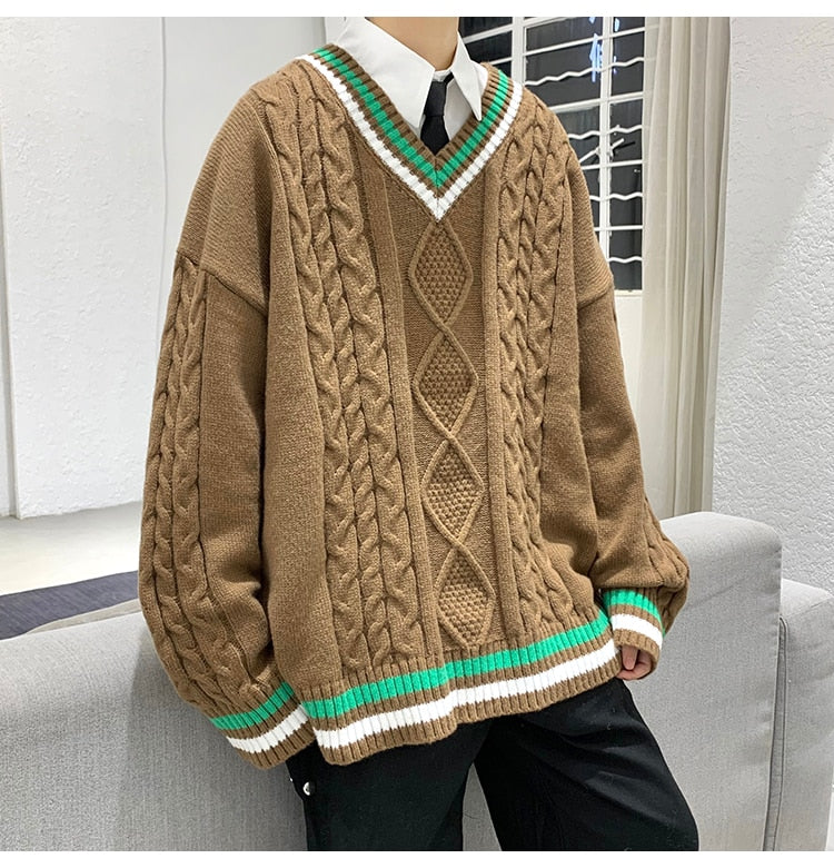 Bonsir Winter V-neck Sweater Men New Patchwork Color Knitted Sweater Pullover Harajuku Couple Streetwear Loose Knitwear Oversized 2XL