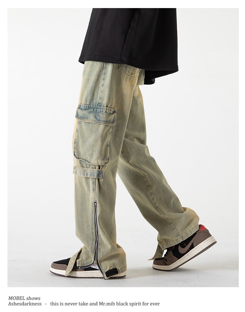 Bonsir Baggy Cargo Jeans big pocket Trousers Male Denim Pants Flared Pant women's Jeans Loose Casual Streetwear Hip Hop Harajuku