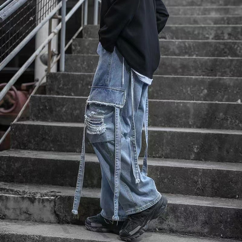 Bonsir Men's Loose Wide Leg Pants Ribbon Streetwear Casual Pants Retro Oversized Jeans Fashion Trend Blue/black Trousers M-2XL
