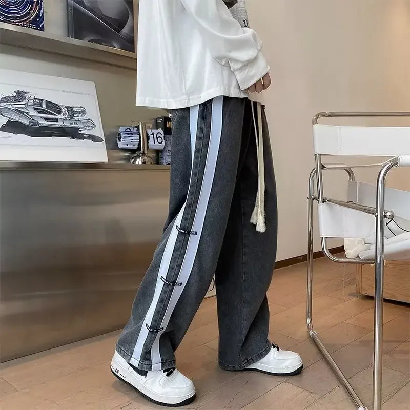 BONSIR - Men Skeleton Baggy Causal Jeans Pants Japanese Streetwear Wide Leg S Male Blue Vintage Denim Trousers