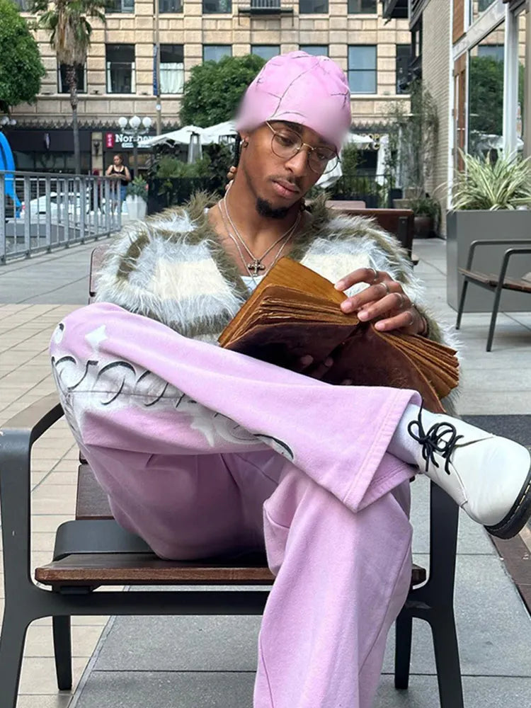 Bonsir Men's V-neck Long Sleeved Striped Plush Cardigan Casual Comfortable Harajuku Loose Sweater 2024 Autumn New Male High Street Tops