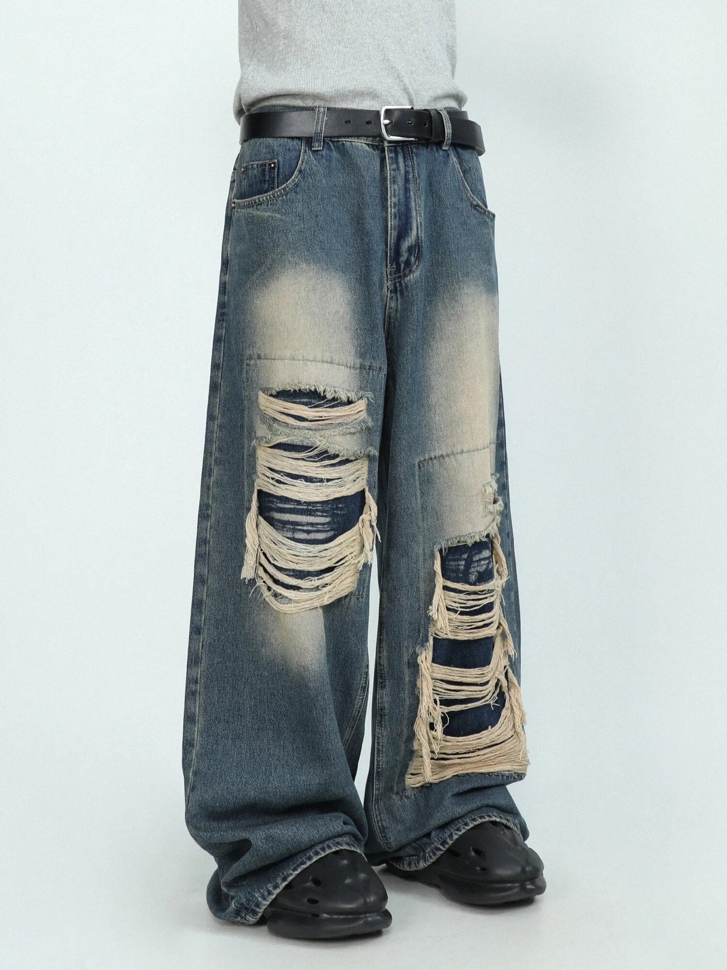 sanyamk American High end Perforated Denim Pants for Men's Design Sense Small and Loose Wide Leg Straight Leg Pants hiphop
