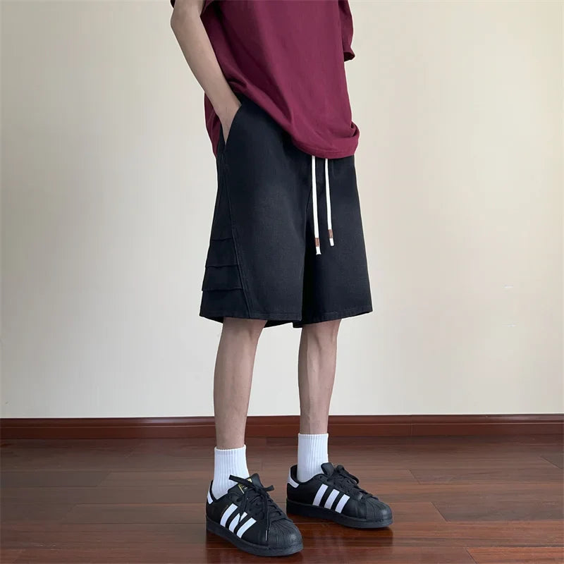 sanyamk Summer Fashion Blue Denim Pants Shorts Men's Straight Casual Ins Youth All-match Fifth Pants Elastic Waist Chic Short Pants