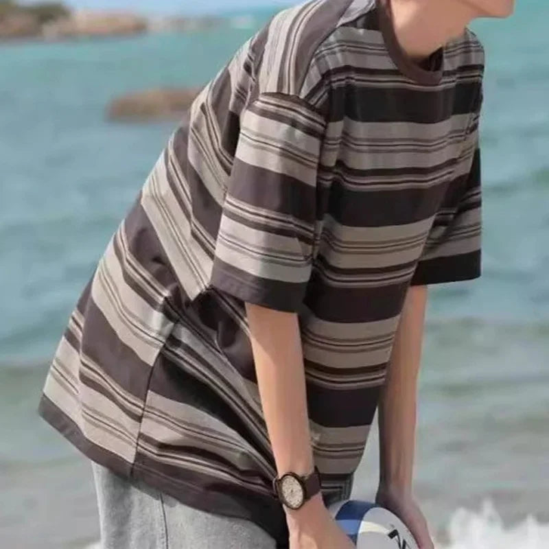 sanyamk - Fashion Striped Print Oversize T Shirt Men Summer Casual Short Sleeve Crew Neck T-shirts Streetwear Mens Stylish Loose Pullovers