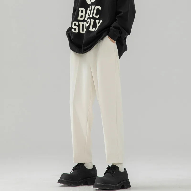 sanyamk - Solid Color Suit Pants Men Fashion Society Mens Dress Pants Korean Loose Straight Wide Leg Pants Mens Office Formal Trousers