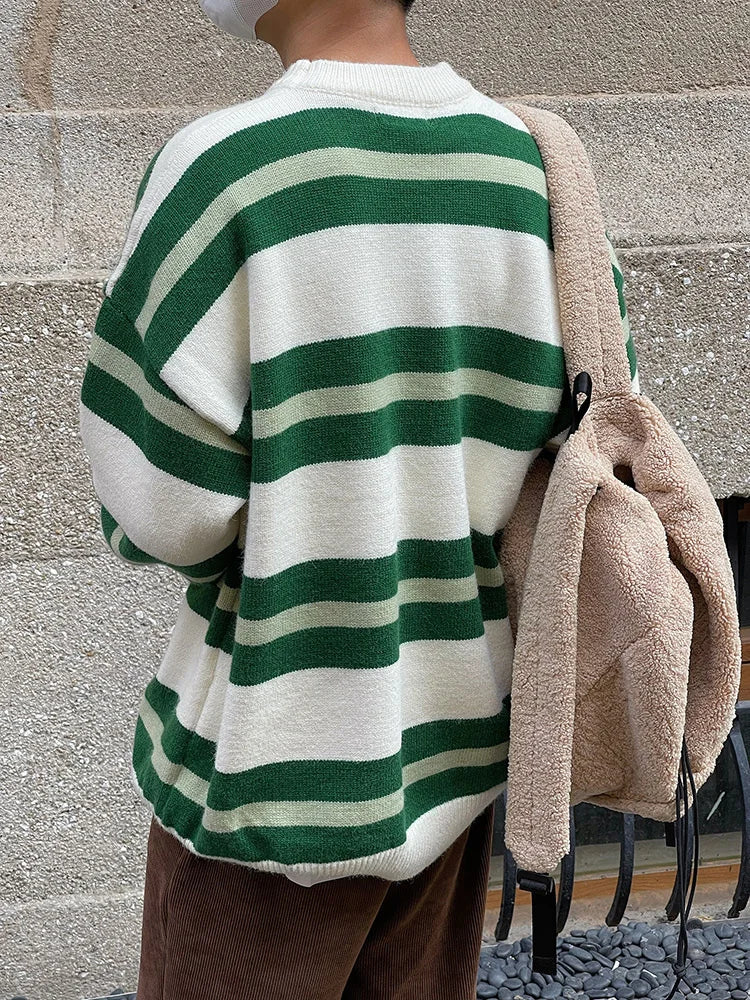 Bonsir - Green Loose Stripe Design Casual Sweater New Autumn Winter Korean Tide Men's Round Neck Kintting Tops Cvintage 2A0224