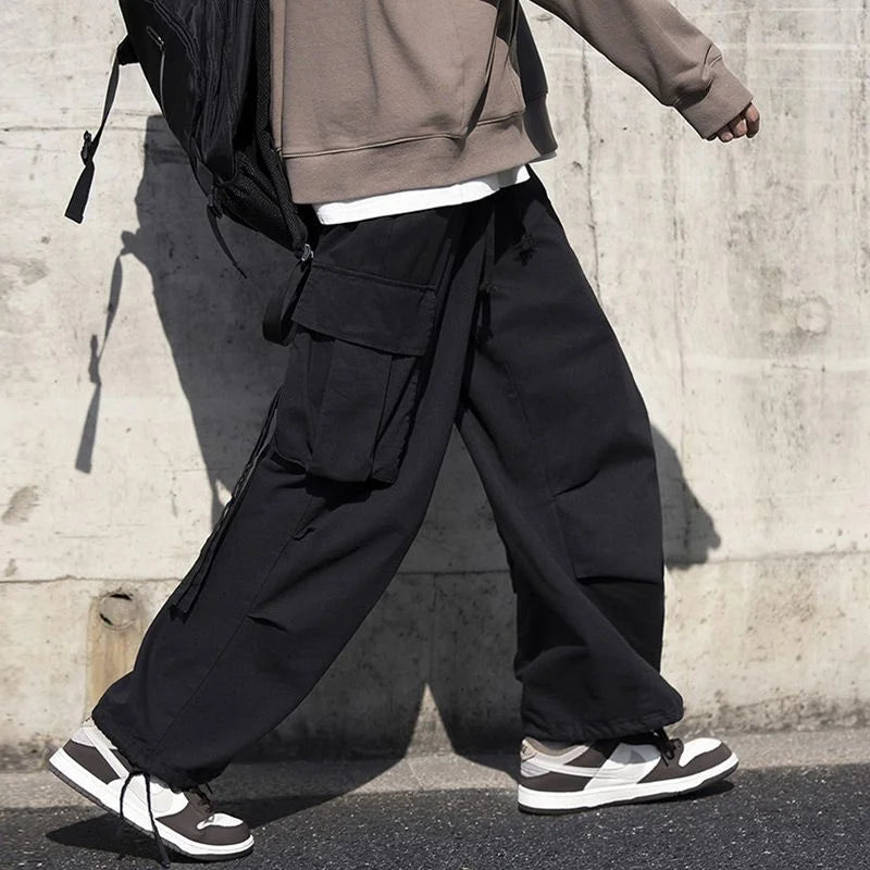 sanyamk Korean Version Vintage High Street Casual Work Pants Men's Students Solid Elastic Waist Pockets Loose Wide Leg Straight Trousers
