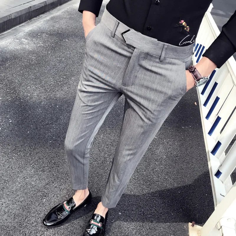 sanyamk - British Style Suit Pants Men Dress Pants Social Slim Fit Office Trousers Men Grey Spring New Striped Belt Trousers Men's