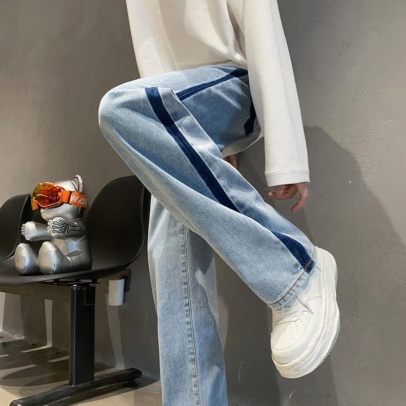 sanyamk High street vibe American trousers, male minority design sense, splicing jeans, overlapping stripes, floor length straight