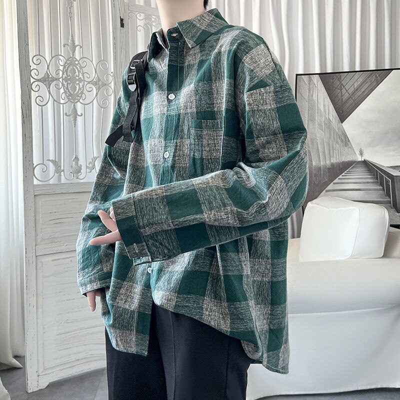 Bonsir Autumn Long Sleeve Shirt Men Fashion Retro Contrast Color Oversized Casual Shirts Mens Streetwear Korean Loose Plaid Shirts Men