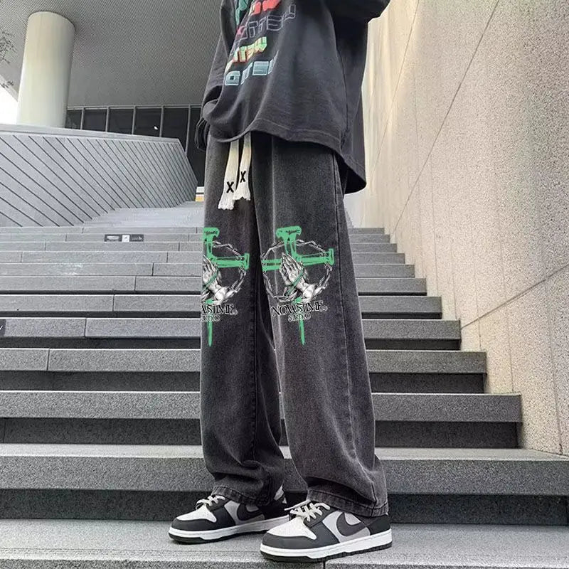 sanyamk Fashion Elastic Waist Printed Jeans Autumn Gothic High Street Causal Loose Drop Long Pants Men Trousers Male Clothes