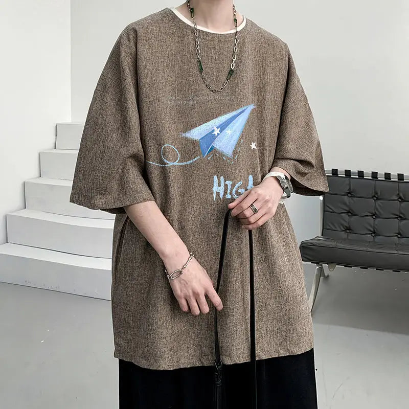 sanyamk - Men's Clothing Short Sleeve Round Neck Loose Straight Pullovers Solid Printing Handsome Simple Casual Streetwear T-Shirts