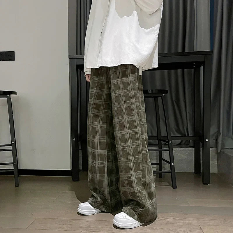 sanyamk - Men's Plaid Corduroy Pants Spring Male Straight All-match Pants Unisex Casual Sweatpants Streetwear Oversize Sport Trousers Wide