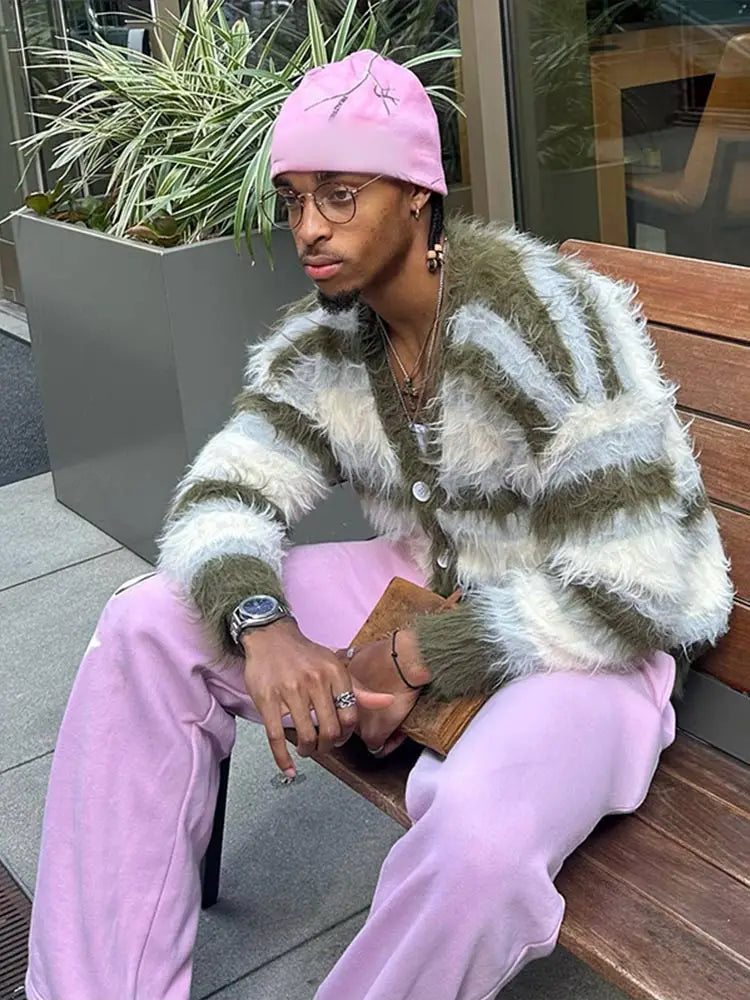Bonsir Men's V-neck Long Sleeved Striped Plush Cardigan Casual Comfortable Harajuku Loose Sweater 2024 Autumn New Male High Street Tops