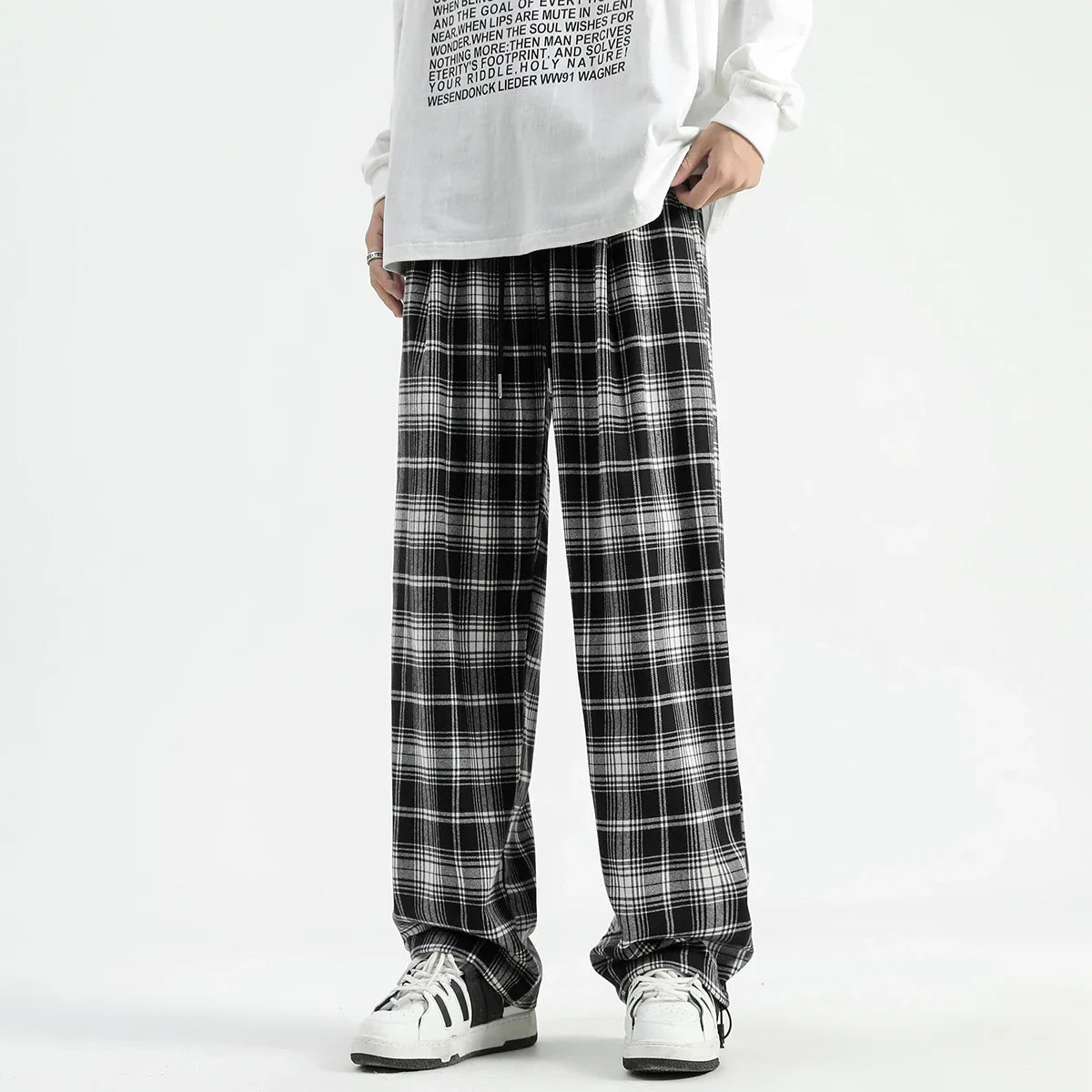 sanyamk Autumn Winter Men's Plaid Pants Contrast Color Wide Leg Casual Long Trousers Vintage Style Stylish Streetwear Checkered Pants