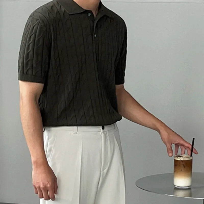 sanyamk - New Summer Loose Men's T-shirts Casual Turn-down Collar Short Sleeve Knitting Buttons Male Clothing Fashion 2024 9C6225