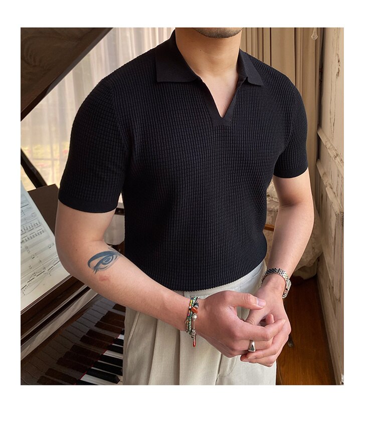 sanyamk Summer New V-neck Men's Solid Color Short-sleeved T-shirt British Slim Lapel Knitted Striped Casual Polo Shirt