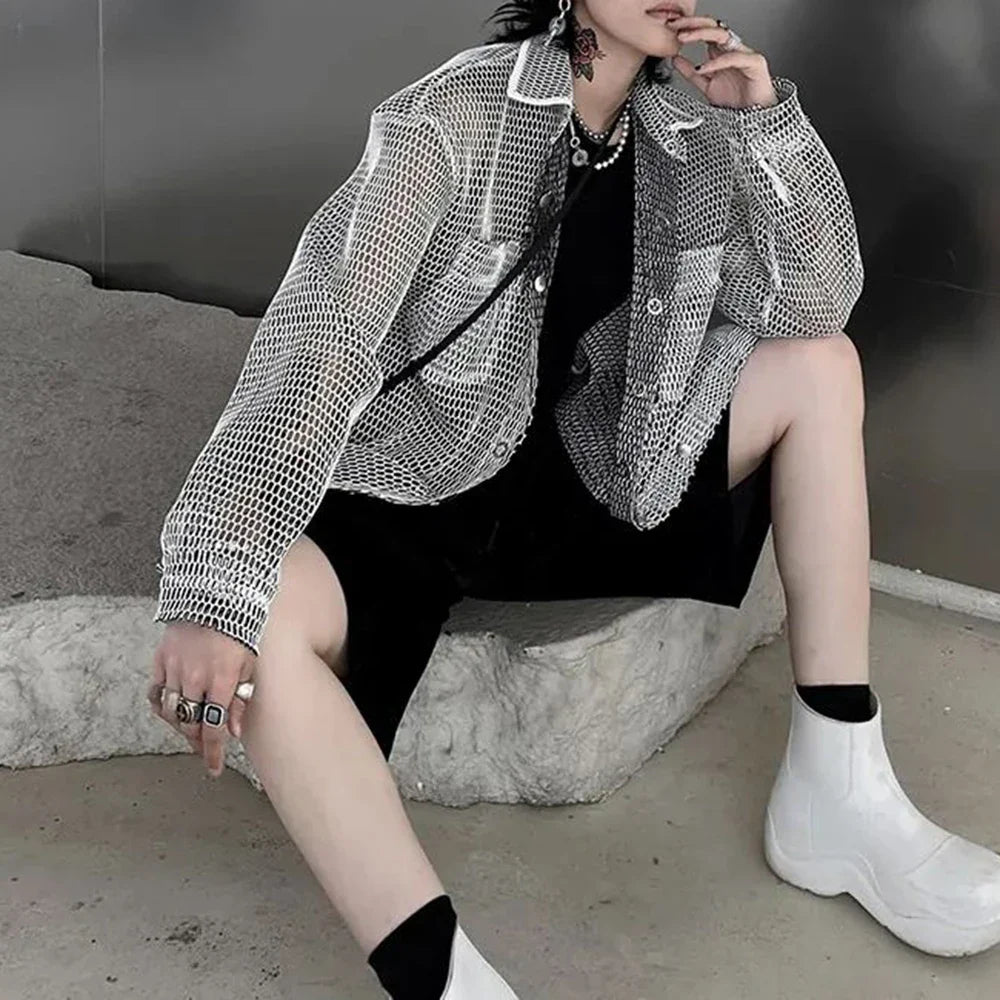 sanyamk Men's Harajuku Mesh Top Shirt Men's Casual Loose Oversized All Match Blouse Harajuku Streetwear Vintage Korean Blusas Sunscreen