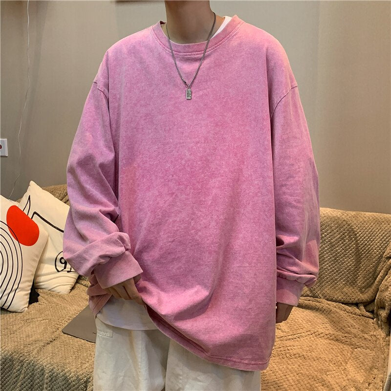 sanyamk Quality Autumn New Men's T-shirt Solid Color O-neck Long Sleeves Pure Cotton Vintage Women Loose T-shirts For Male Casual Tops