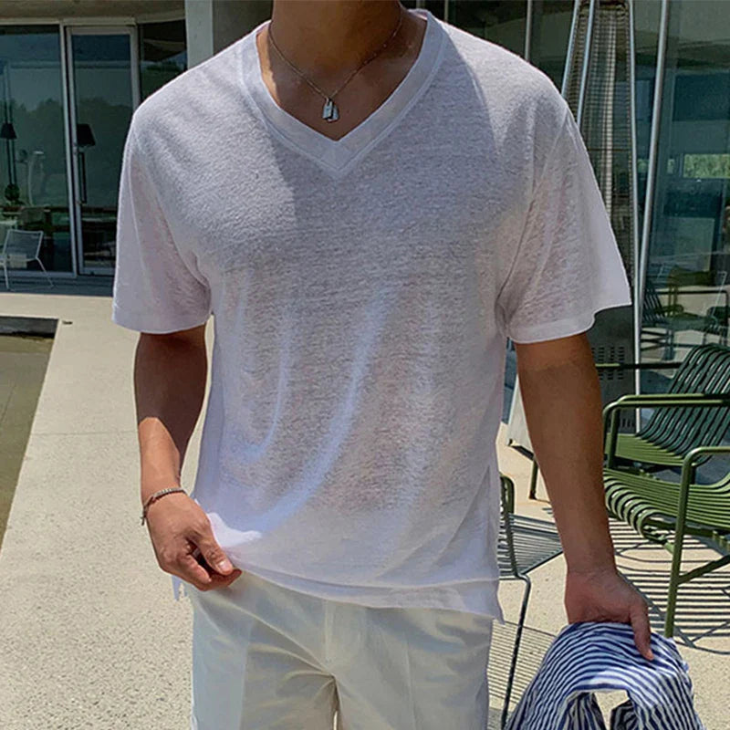 sanyamk - Daily Casual Simple Solid Color Mens White T Shirt Summer Fashion V Neck Short Sleeve T-shirts Men Stylish Slim Fit Pullover Tee